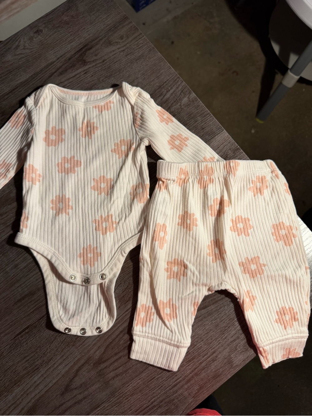Cream Floral Ribbed Long-Sleeve One-Piece & Pants Set